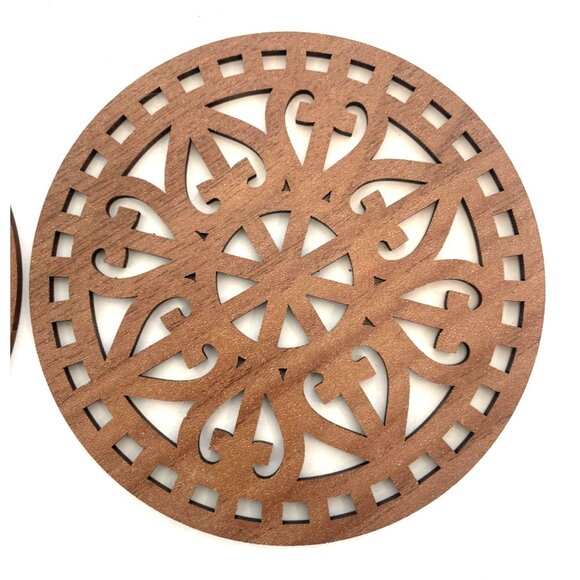 Set of 6 Wooden Laser Cut Coasters Thin Detailed 4.25" Diameter - Picture 2 of 3